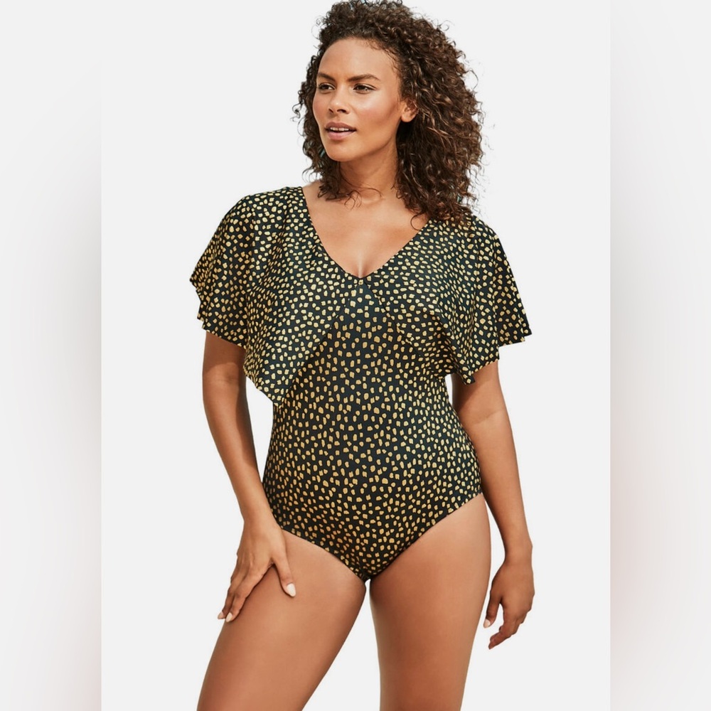 Swim 365 Women's Plus Size Flutter-Sleeve One-Piece Size 16 Gold Foil Dots New
